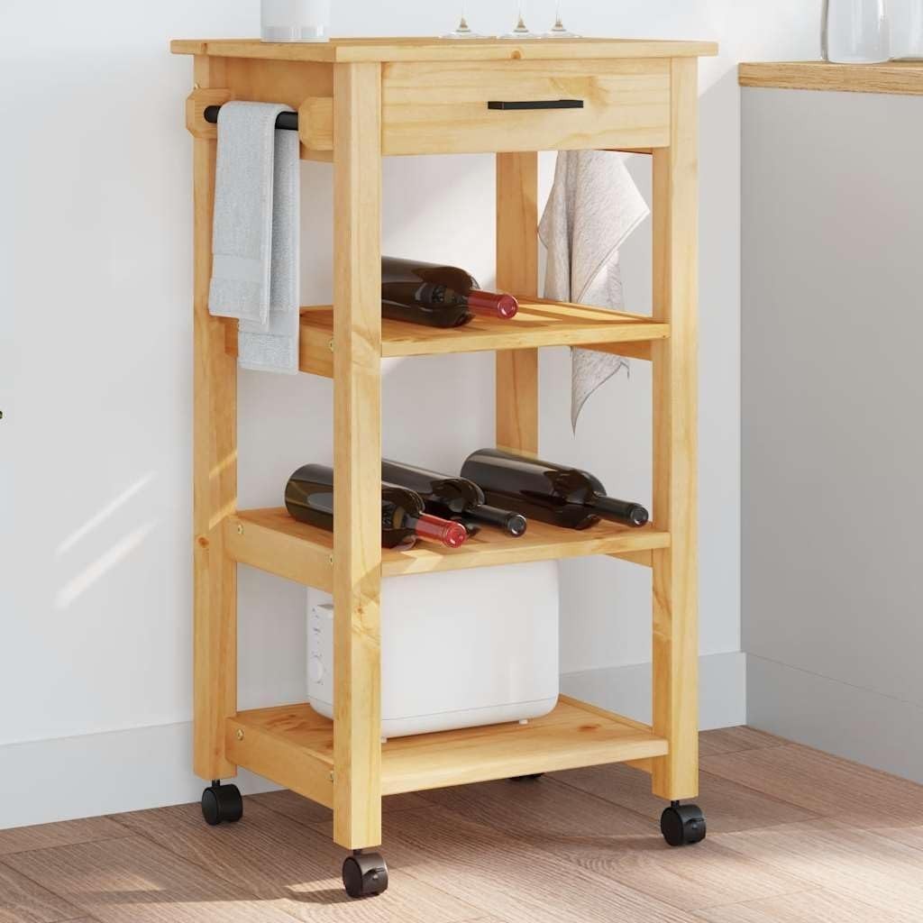 Pine Wood Kitchen Trolley Cart w Drawer Shelves Wheels