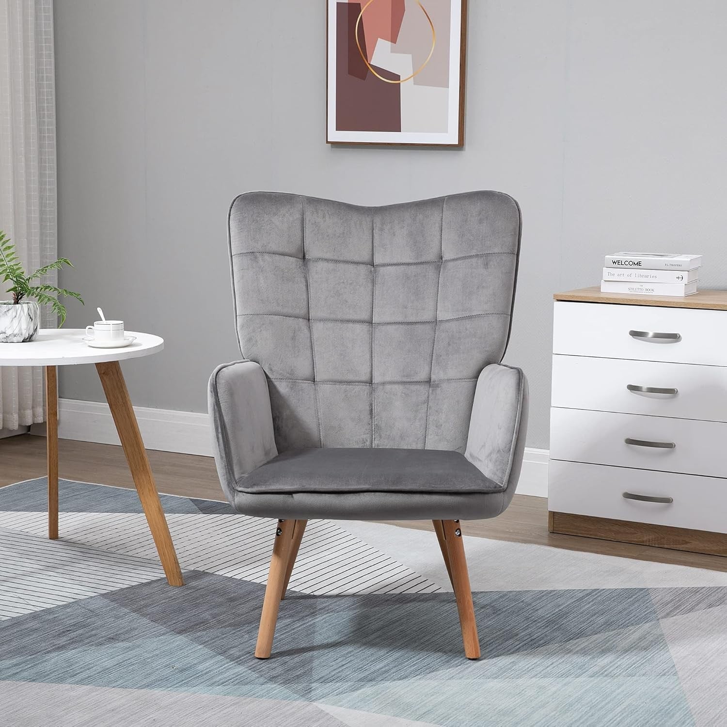 Grey Velvet Wingback Accent Chair Tufted Lounge Armchair Wood Legs