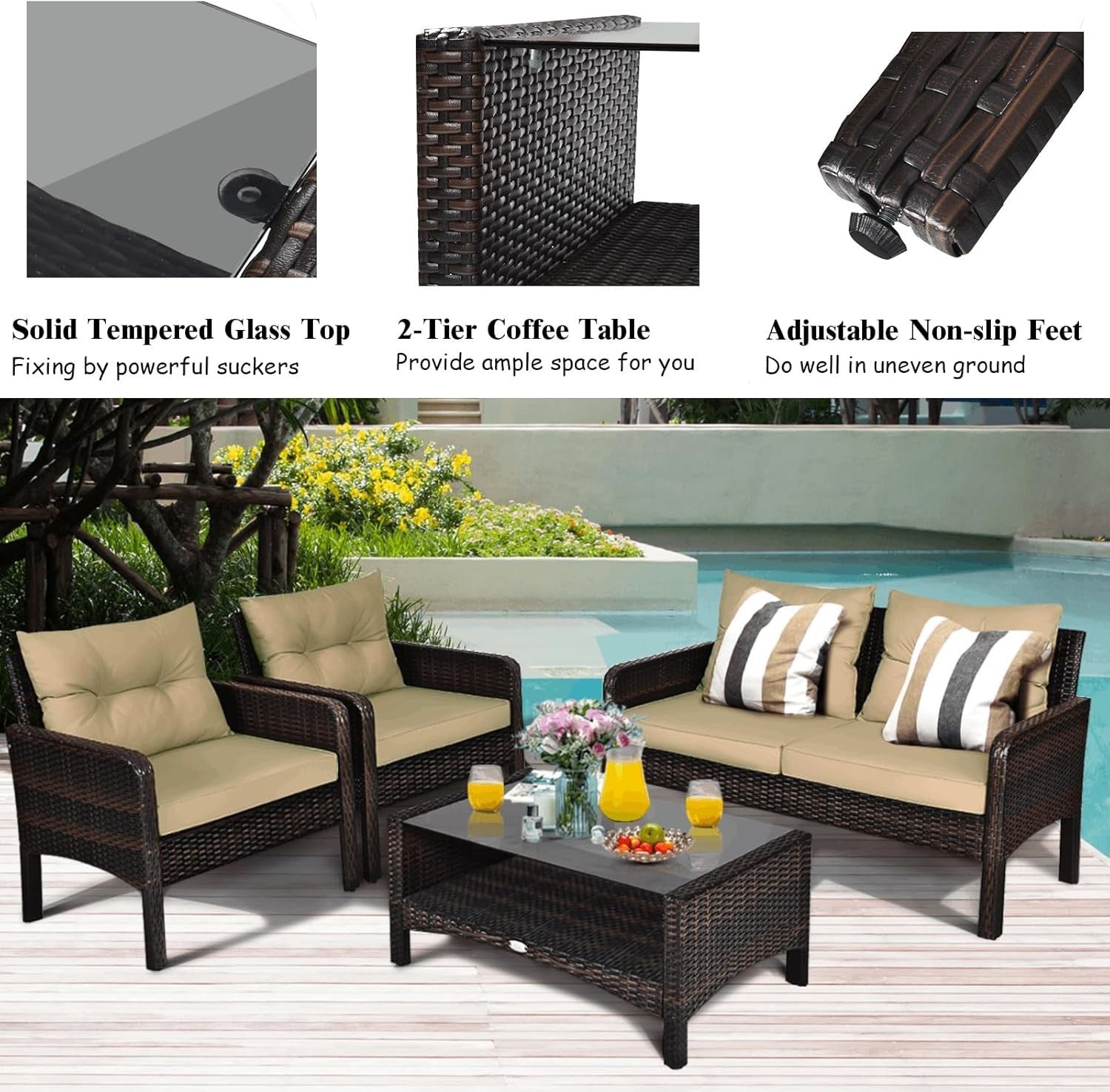 4PC Rattan Garden Conversation Set Cushioned Sofa Chairs Glass Table