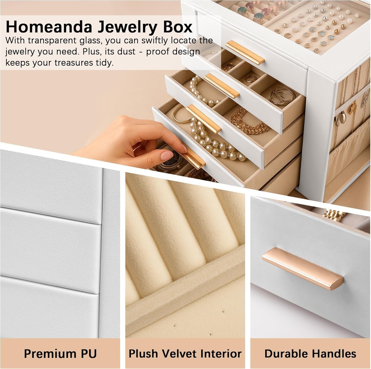 White PU Leather Jewellery Organizer Box 5 Layer Drawer Storage Case