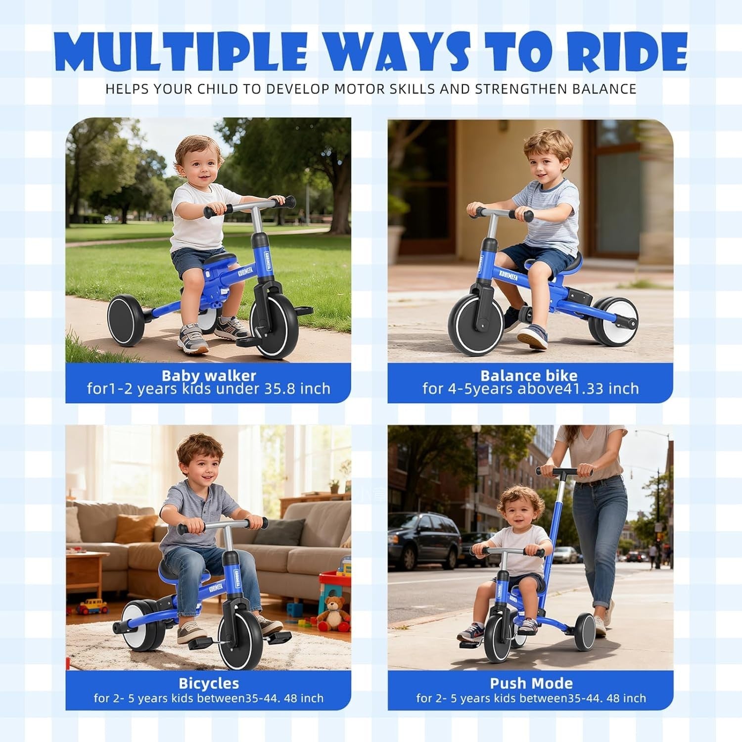 5 In 1 Toddler Tricycle Push Handle Balance Bike Adjustable Seat Blue