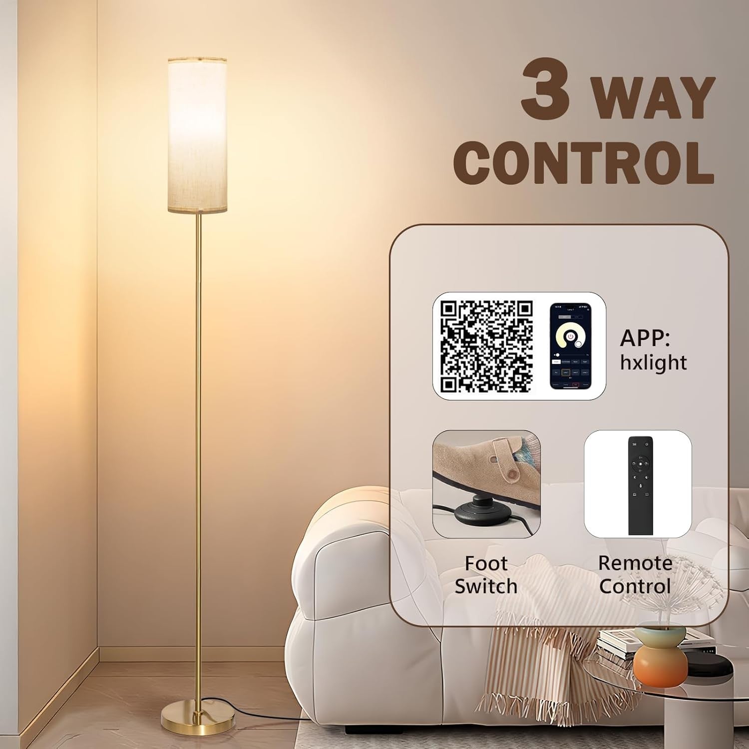 Modern Floor Lamp with Remote App Control Dimmable Reading Light Gold