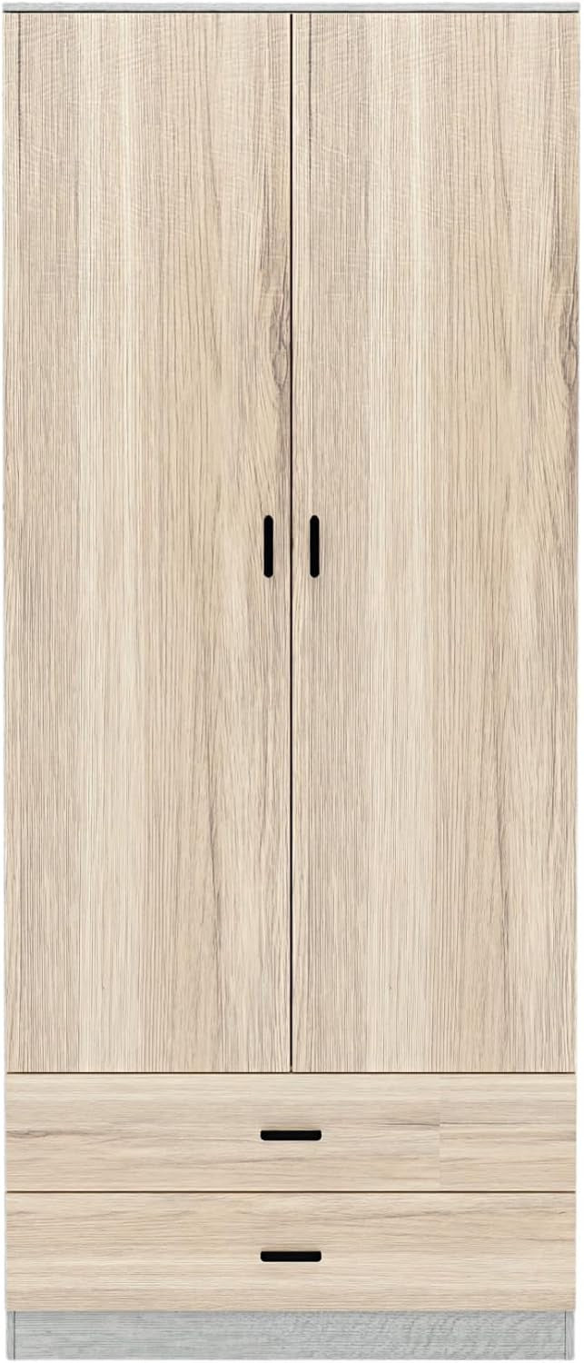 Tall Oak Wardrobe 2 Door 2 Drawer Storage Cabinet for Bedroom Clothes