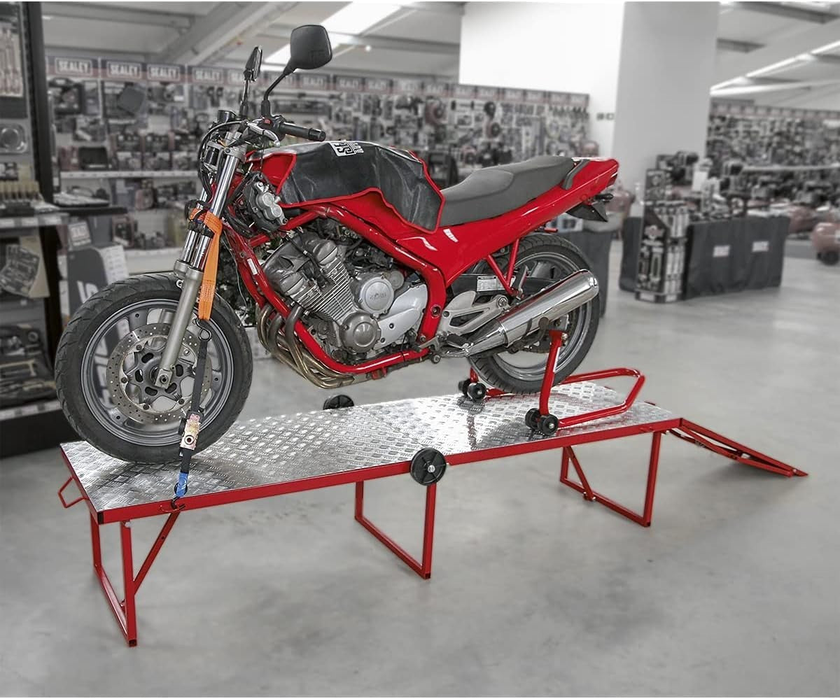 Portable Folding Motorcycle Workbench 360kg Capacity Ramp & Wheels 600x2200mm