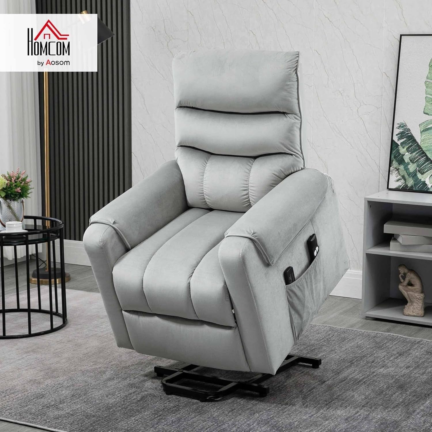 Power Lift Recliner Chair Massage 135° Recline Velvet Upholstered Pockets Grey