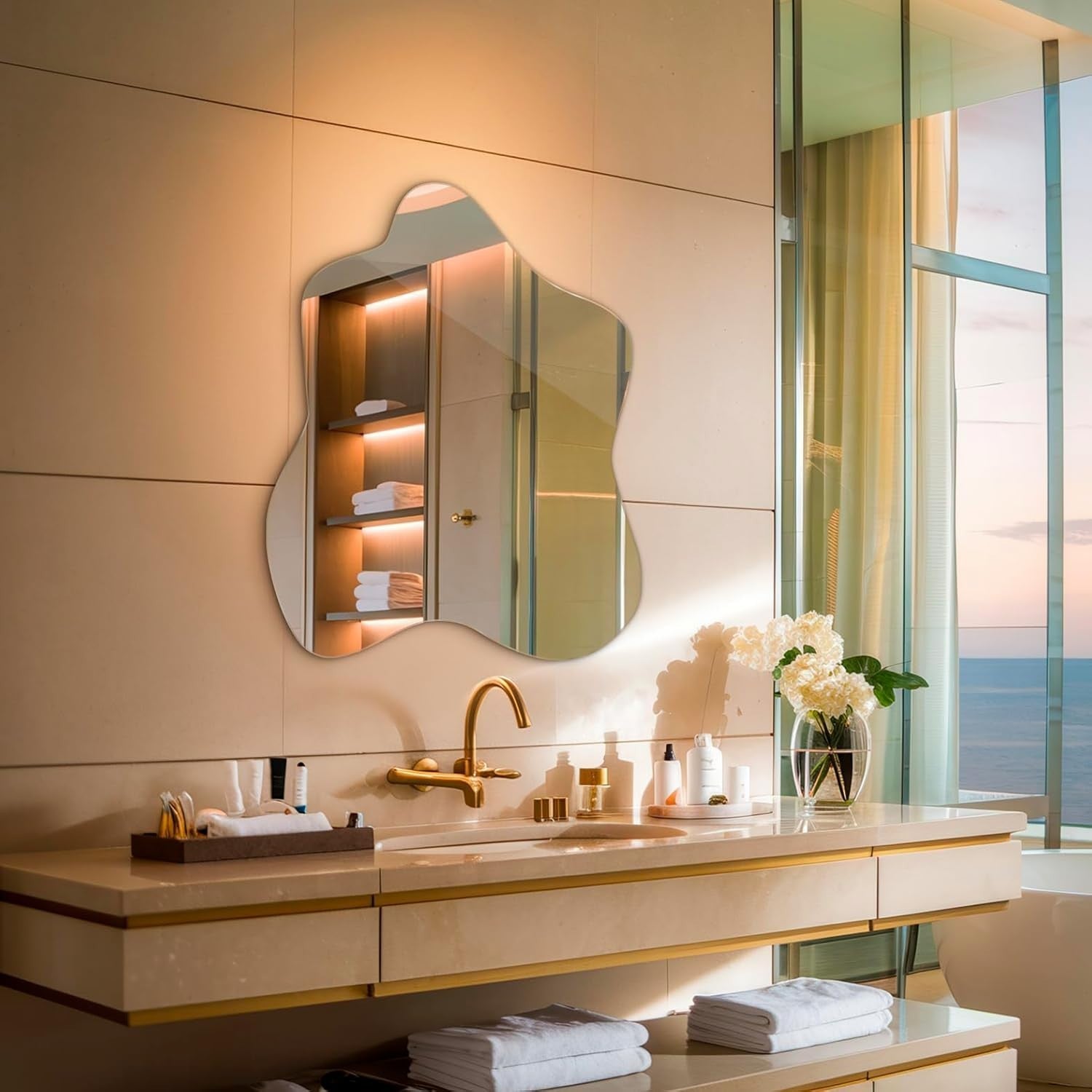 Large Wavy Wall Mirror 77x76 cm Frameless Modern Vanity Decor