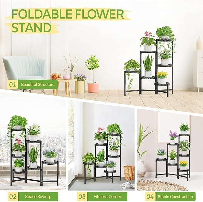 6 Tier Black Metal Plant Stand Indoor Outdoor Corner Tall Flower Display Rack