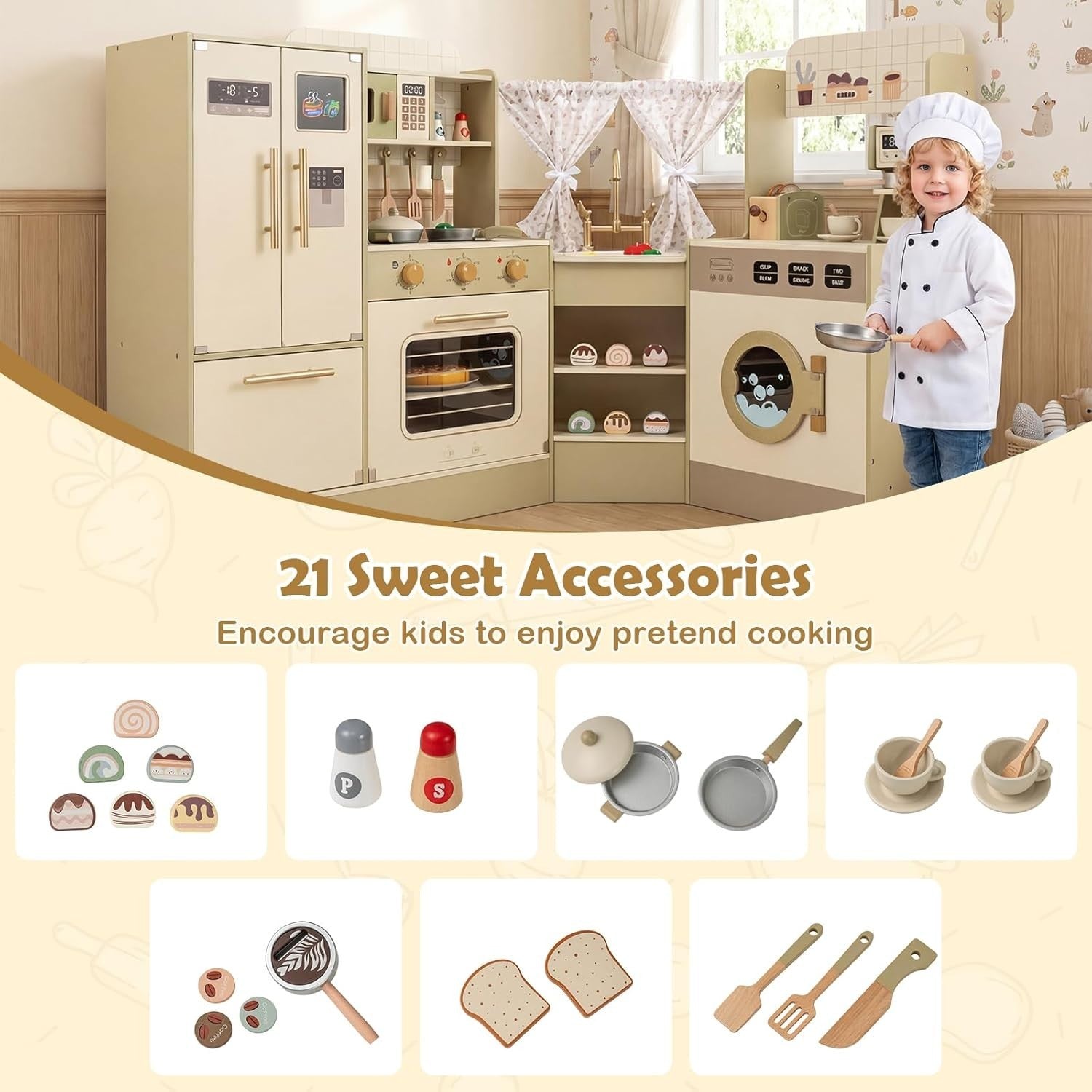 Corner Kids Play Kitchen Green w/ Fridge Coffee Maker Accessories