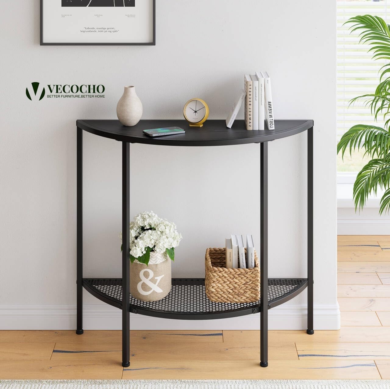 Space-Saving 2-Tier Narrow Entryway Console Table with Metal Semi-Circle Design