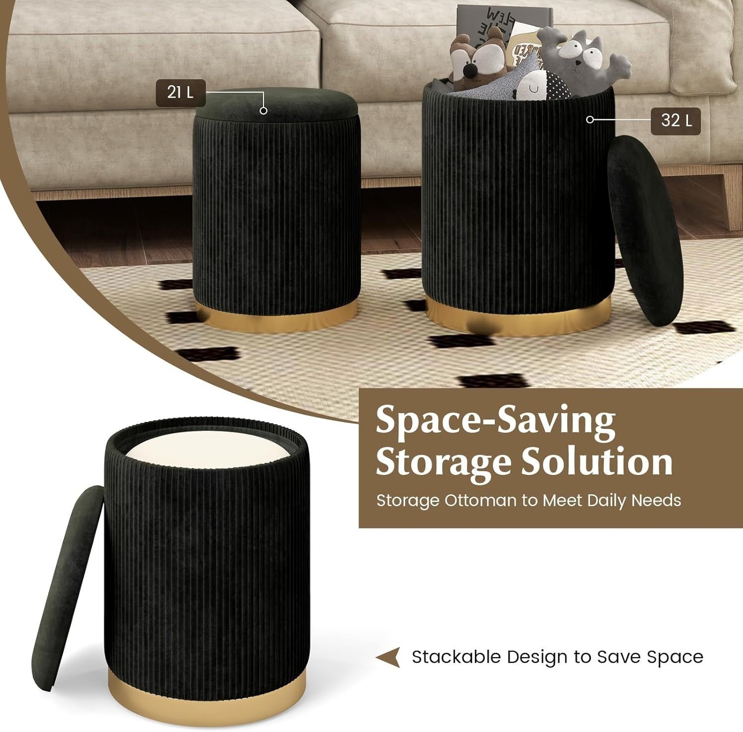 Black Velvet Nesting Footstools Set of 2 Storage Ottomans Round Gold Base