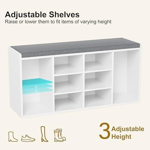 White Shoe Storage Bench with Cushion Seat 9 Cubes Adjustable Shelves Entryway