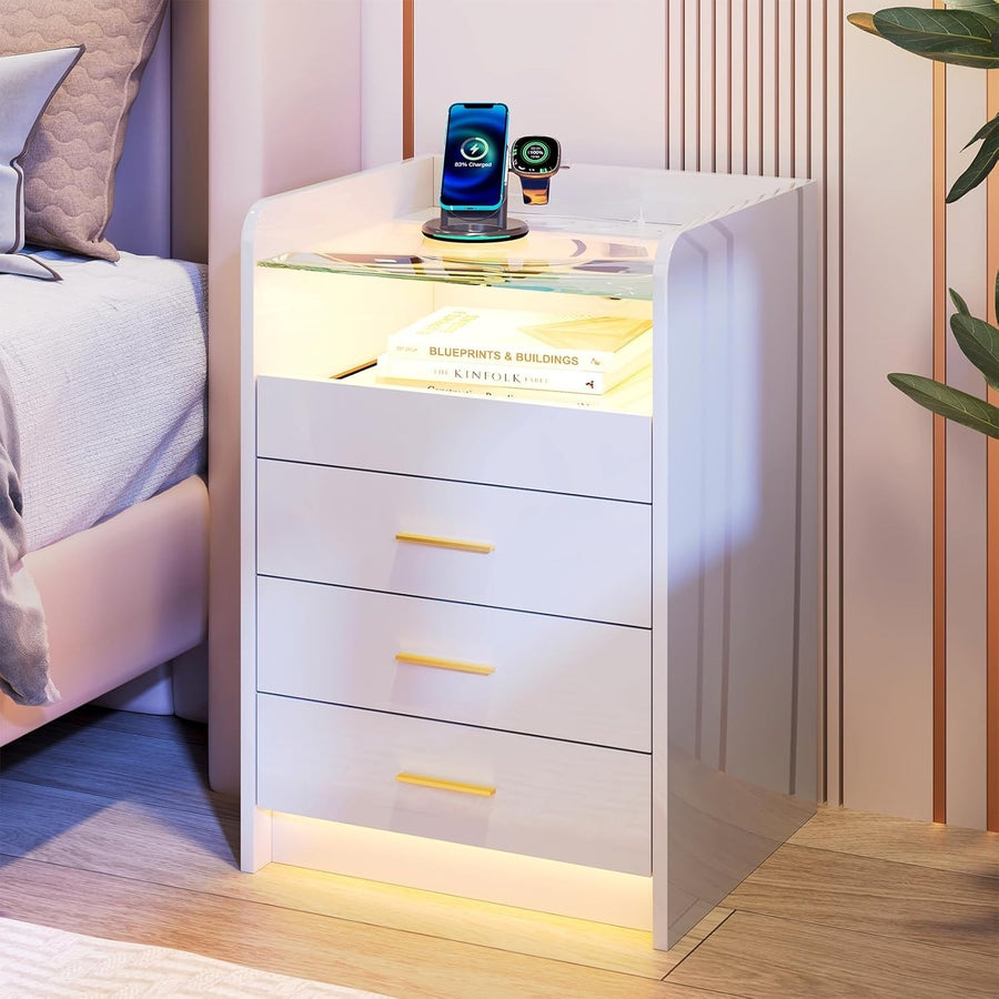 Modern White LED Bedside Table with Power Socket, RGB Light & 3 Drawers