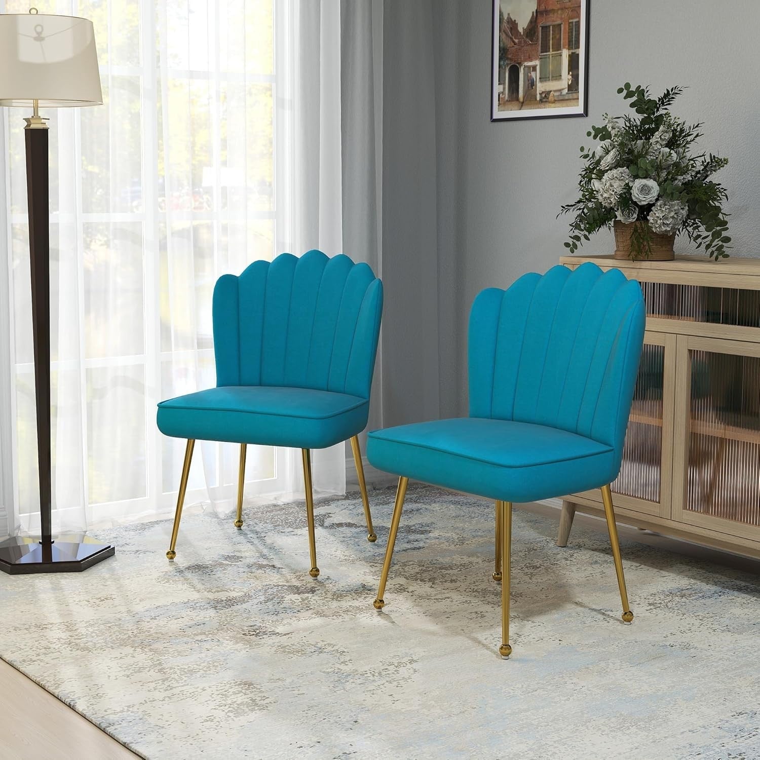 Set of 2 Blue Shell Velvet Accent Chairs Gold Metal Legs Modern Vanity Seats