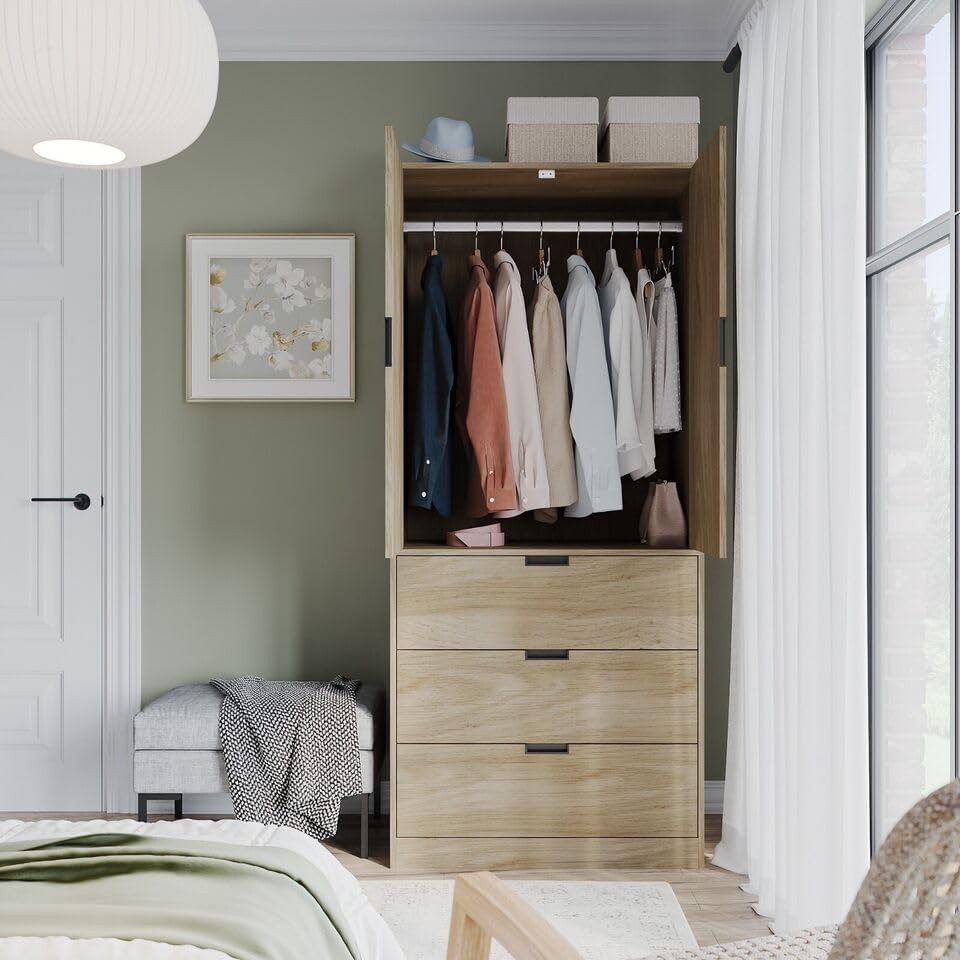 Modern Oak 2-Door Wardrobe with 3 Drawers, Clothes Rail & Spacious Storage