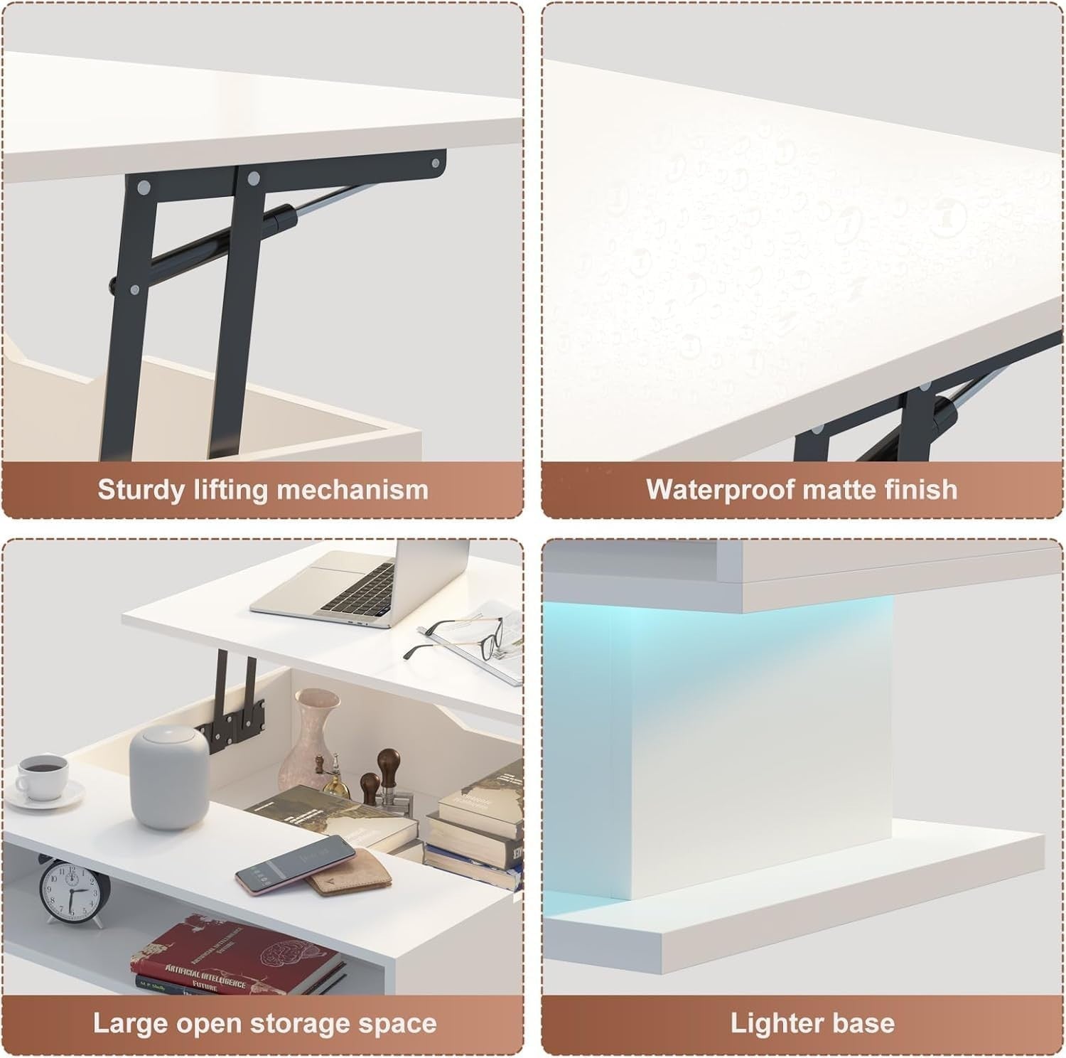 LED Lift Top Coffee Table with Storage 78x78cm – White Square Modern Design