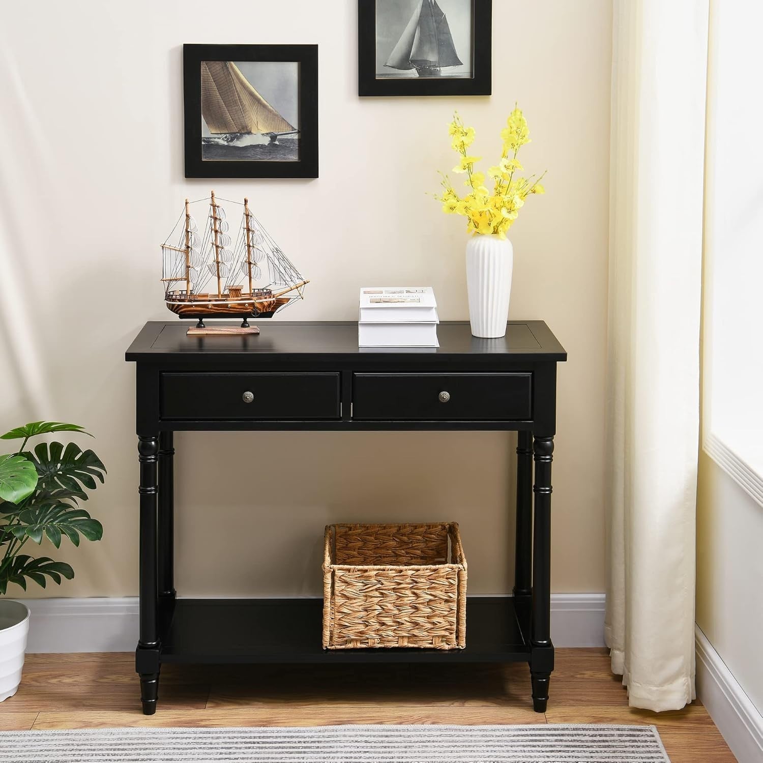 Entryway Console Table with 2 Drawers & Shelf, 90x76.5cm, Black
