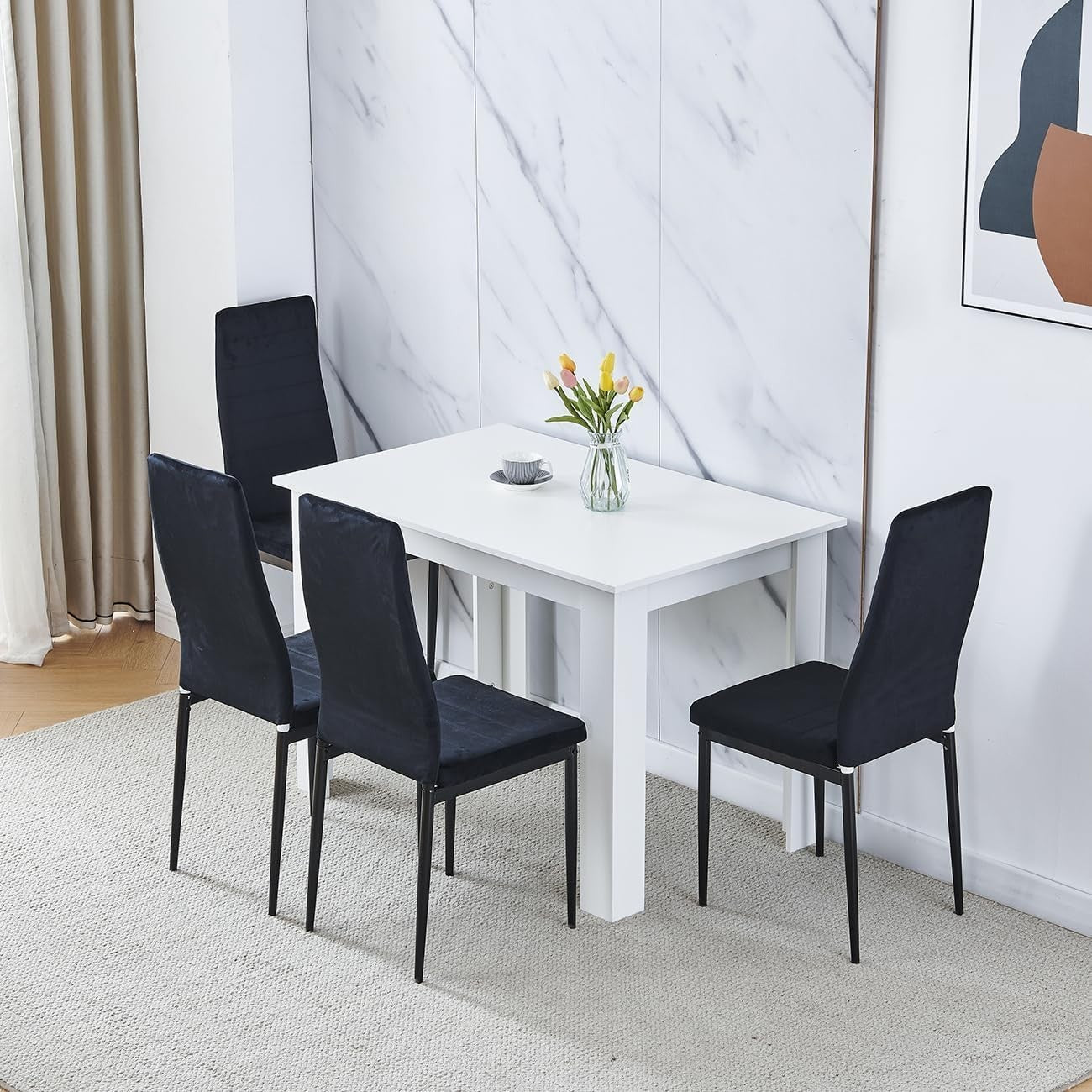 White Dining Set 5-Piece | Compact Kitchen Table & Velvet Chairs