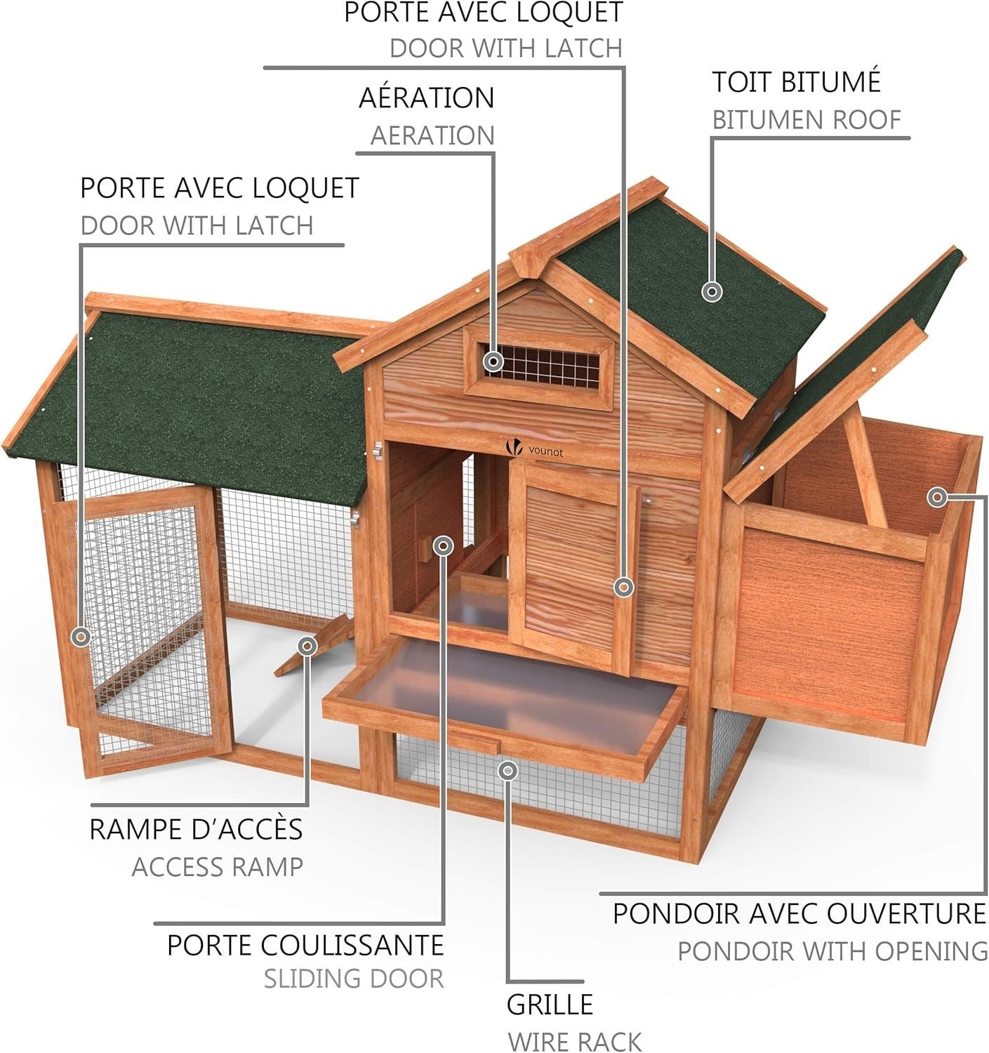 Wooden Chicken Coop Outdoor with Nest Box Ramp Easy Clean Hutch 2 Hens
