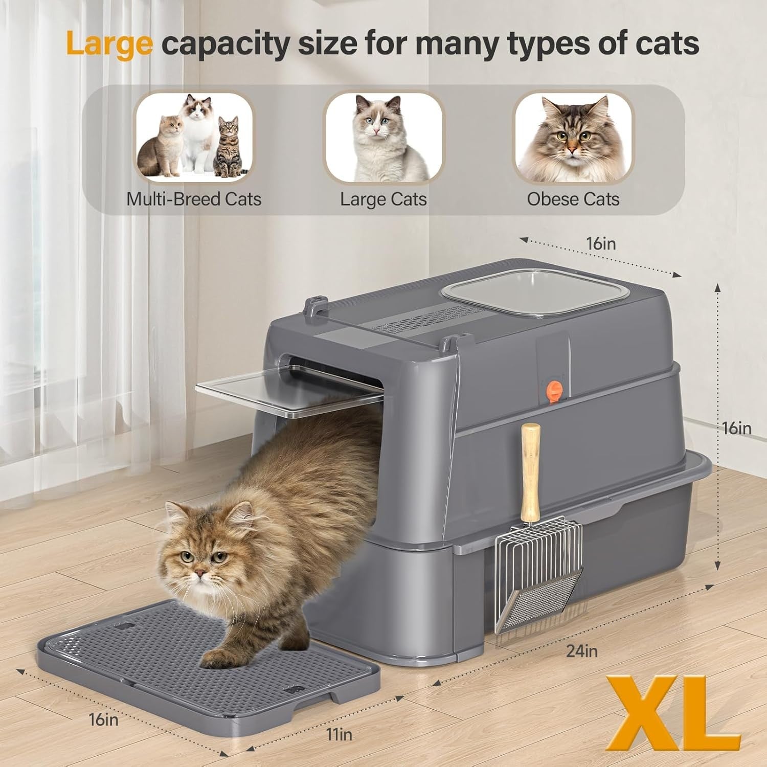 XL Stainless Steel Cat Litter Box Drawer Tray Dual Entry Odor Control