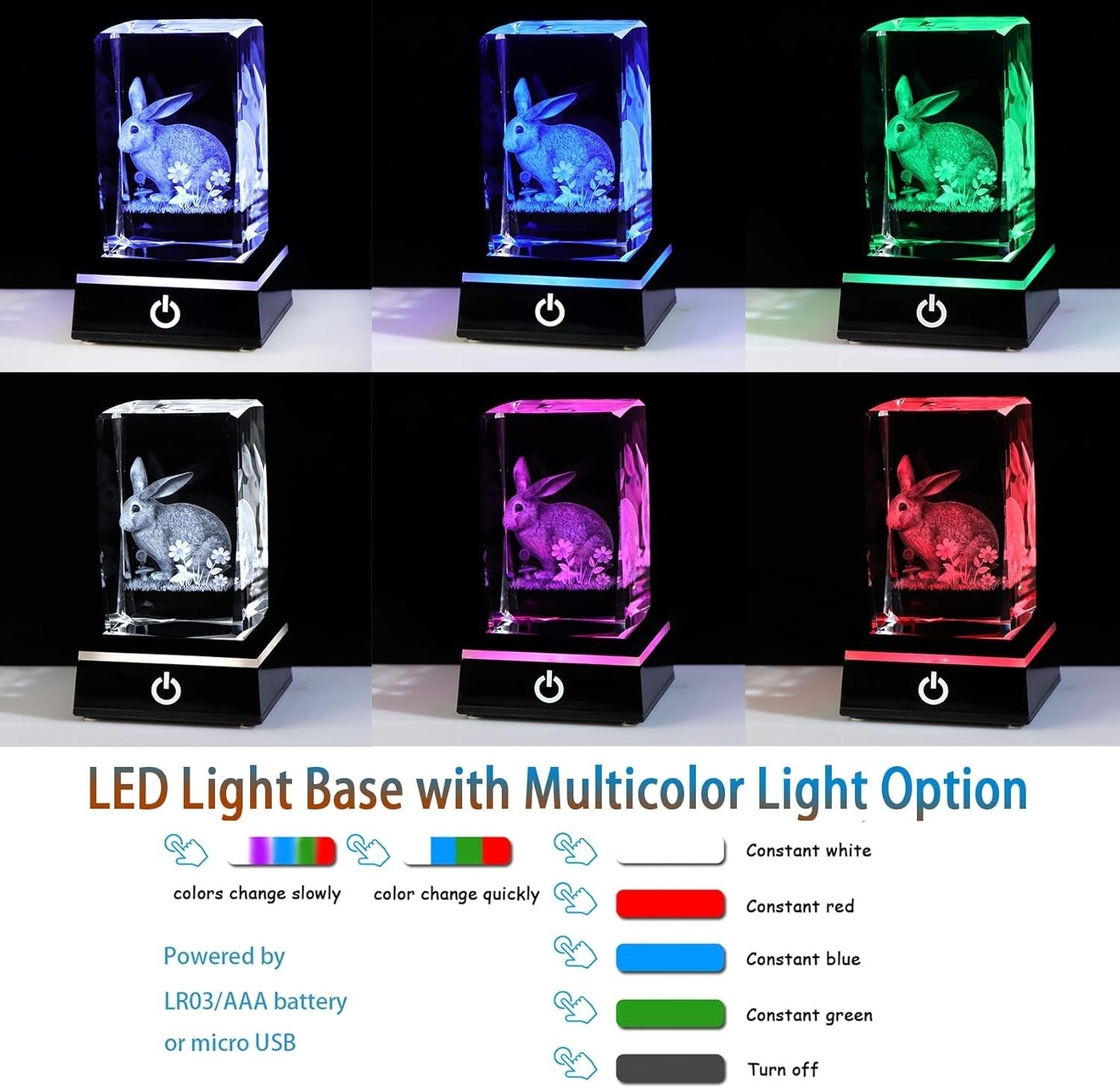 3D Crystal Rabbit Figurine with LED Base • Engraved Glass Bunny Night Light Gift