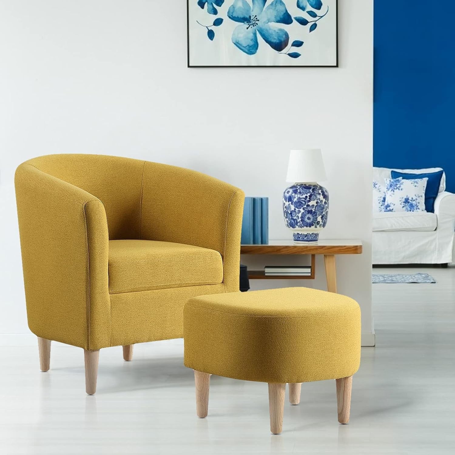 Accent Armchair & Ottoman Set Yellow Fabric Tub Chair