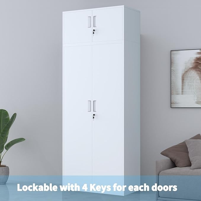 Tall White Metal Storage Cabinet with Lockable Doors 4 Adjustable Shelves