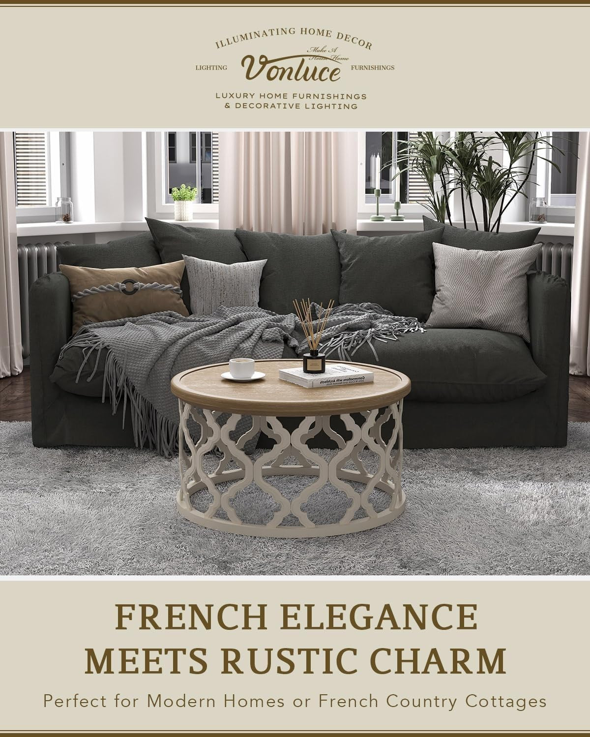 Round Farmhouse Coffee Table with Storage Shelf 76x76x41cm Rustic Charm