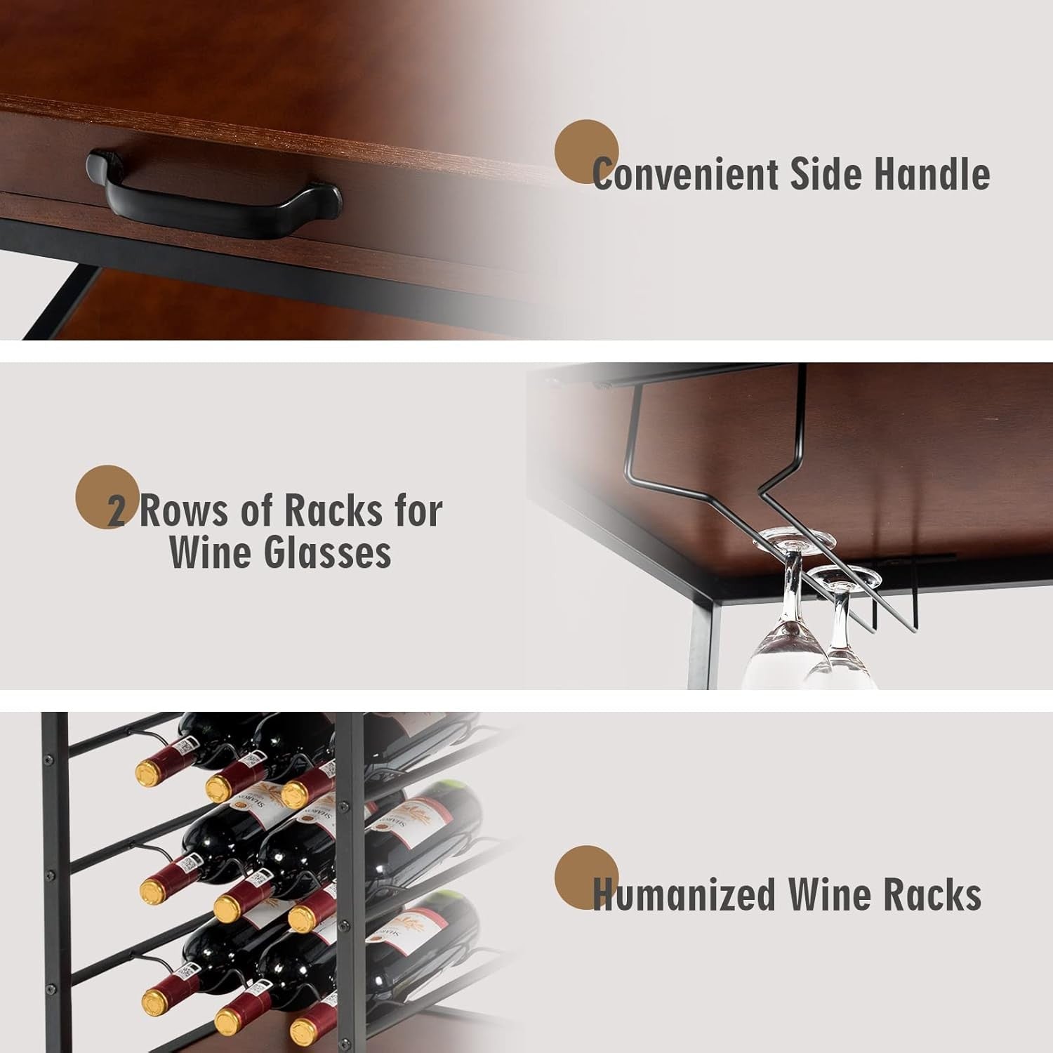 Kitchen Serving Trolley on Wheels Bar Cart Wine Rack Glass Holders 3 Tier