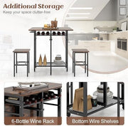 Foldable Drop Leaf Dining Table Set with Storage Shelves, Wine Rack & Stools