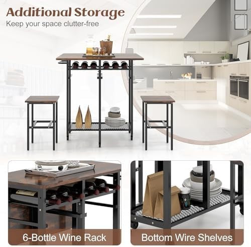 Foldable Drop Leaf Dining Table Set with Storage Shelves, Wine Rack & Stools