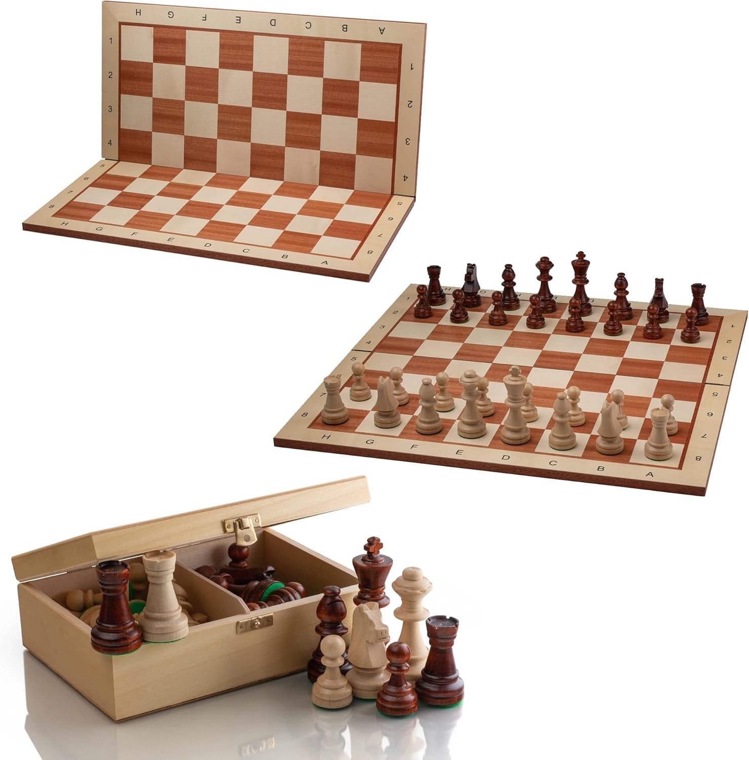 48cm Wooden Inlaid Chess Set – Sycamore Board & Weighted Staunton Pieces