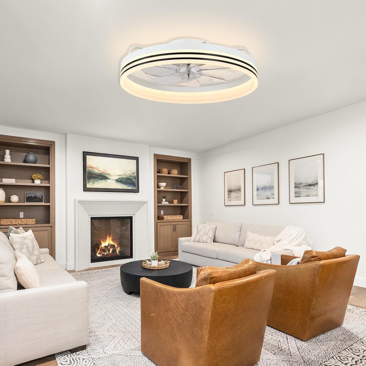White LED Ceiling Fan, 6 Speeds, Dimmable, Color Change, Remote
