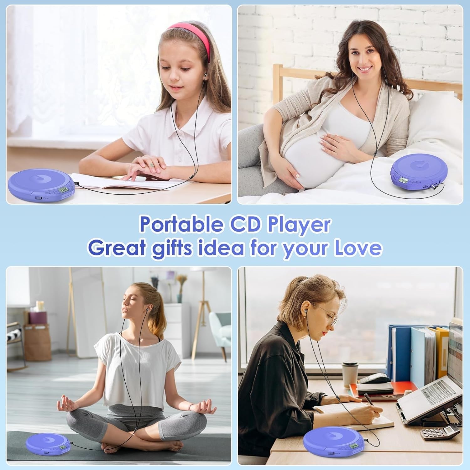 Personal CD Player Portable Anti-Skip LCD Display AUX Car Earphones Blue