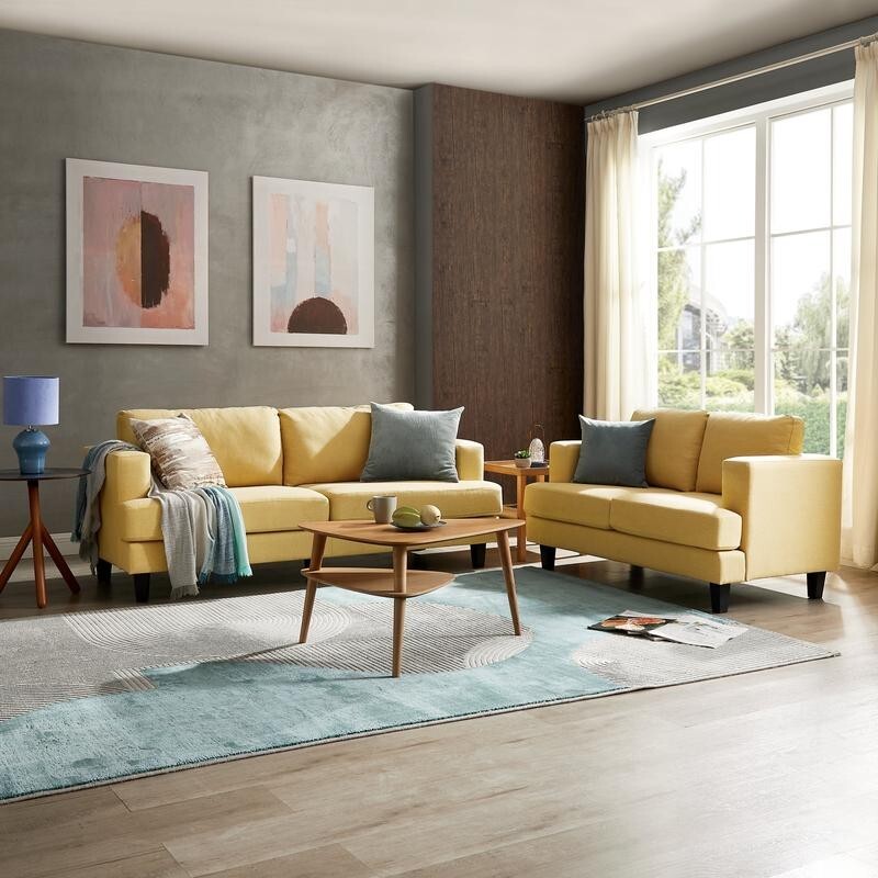 Mustard Yellow 3 Seater Sofa Linen Fabric Modern Couch with Padded Seat