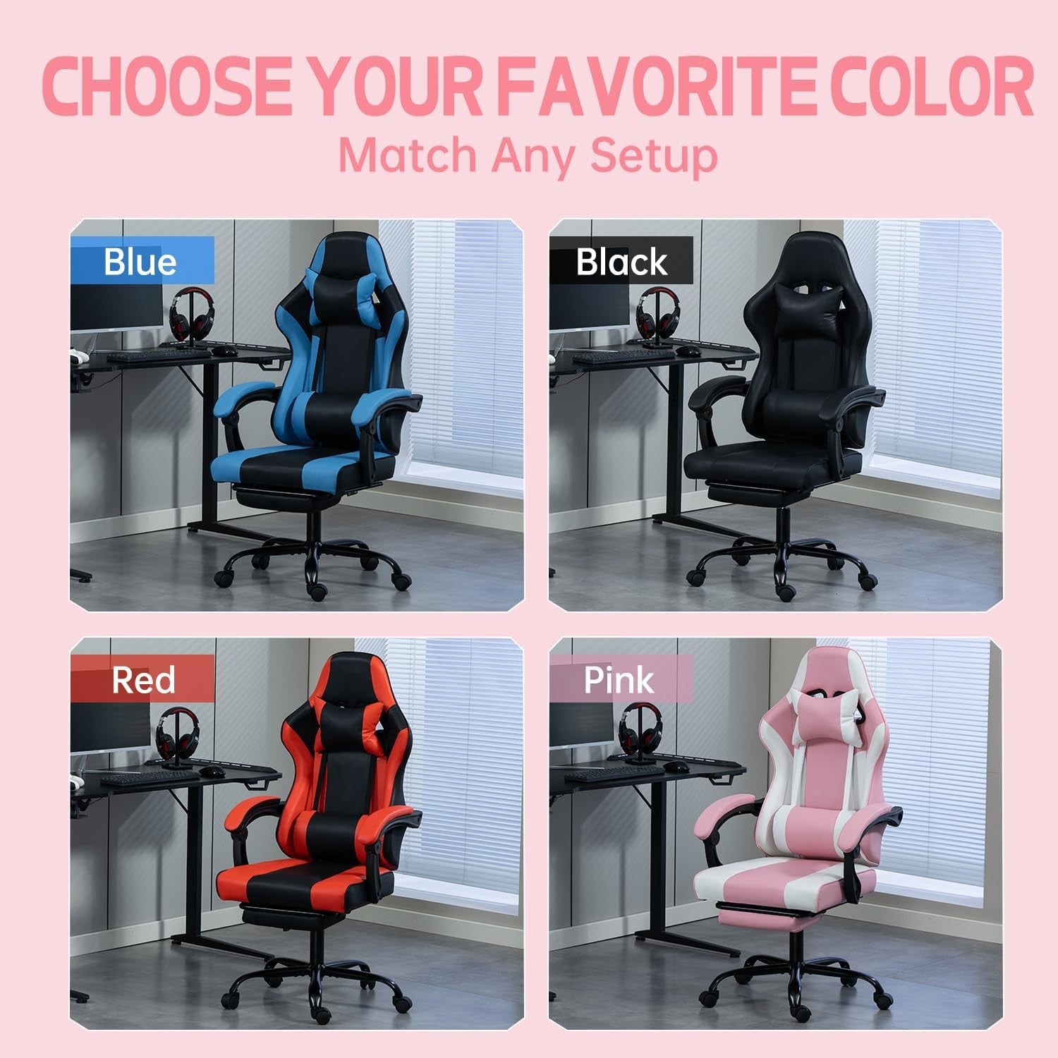 Pink Gaming Chair Recliner with Footrest High Back Swivel Desk Seat
