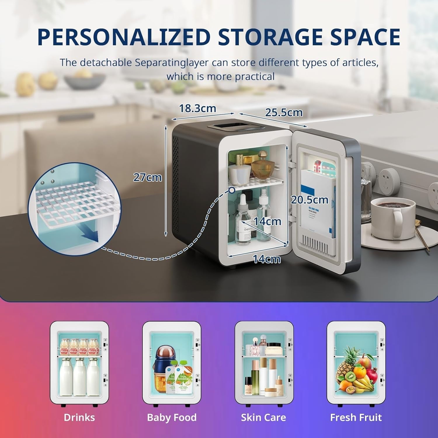 Portable Mini white Fridge 4L AC/DC LED RGB Mirror Gamer Bedroom Car