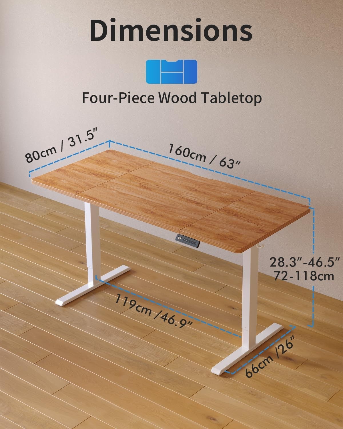 Light Brown 160x80cm Electric Standing Desk with 4 Memory Presets & Quiet Lift