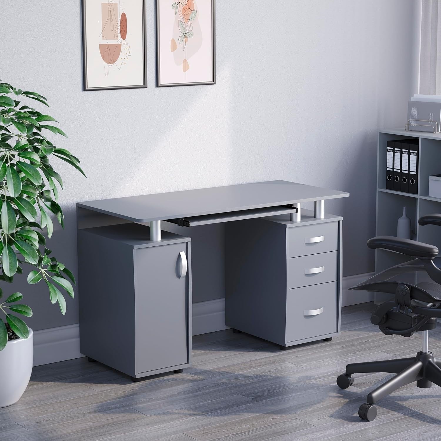 Grey 3 Drawer Computer Desk w/Shelves & Keyboard Tray, 120cm Workstation
