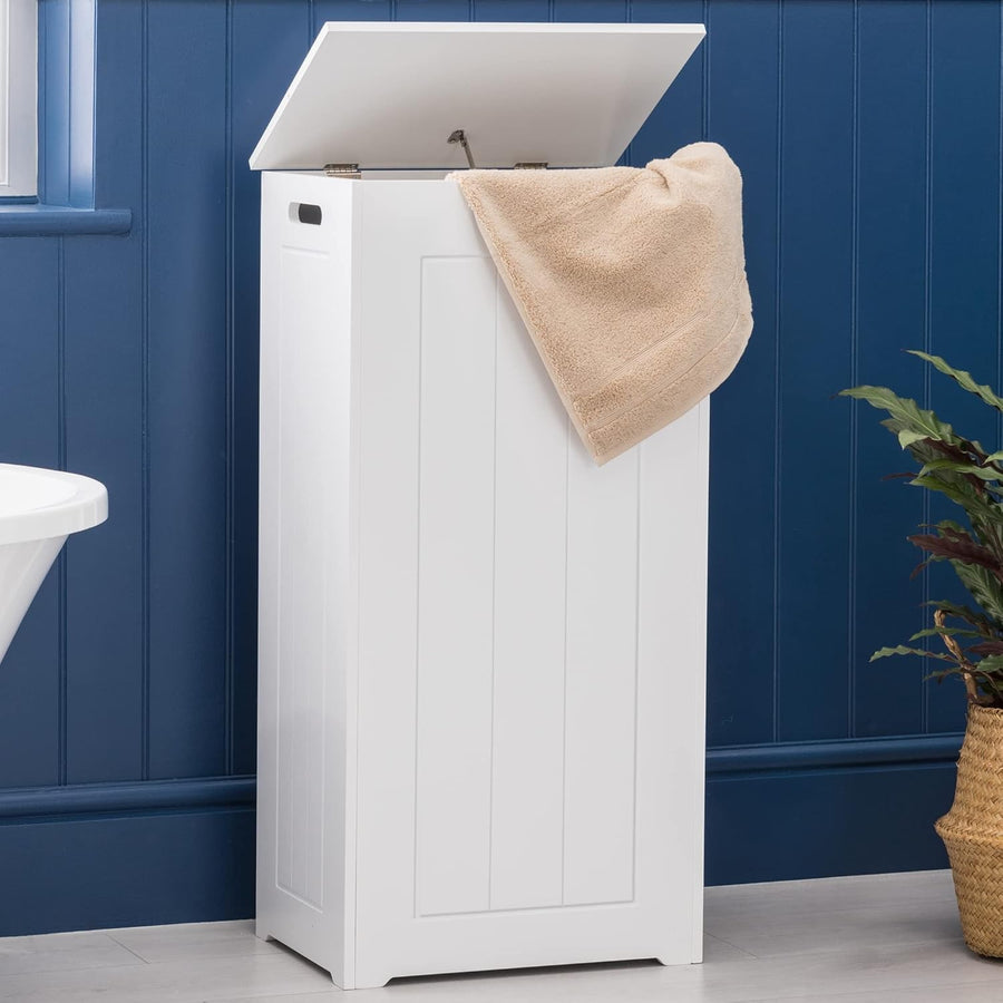 Slim Bathroom Laundry Cabinet Storage Box with Linen Hamper White Wood