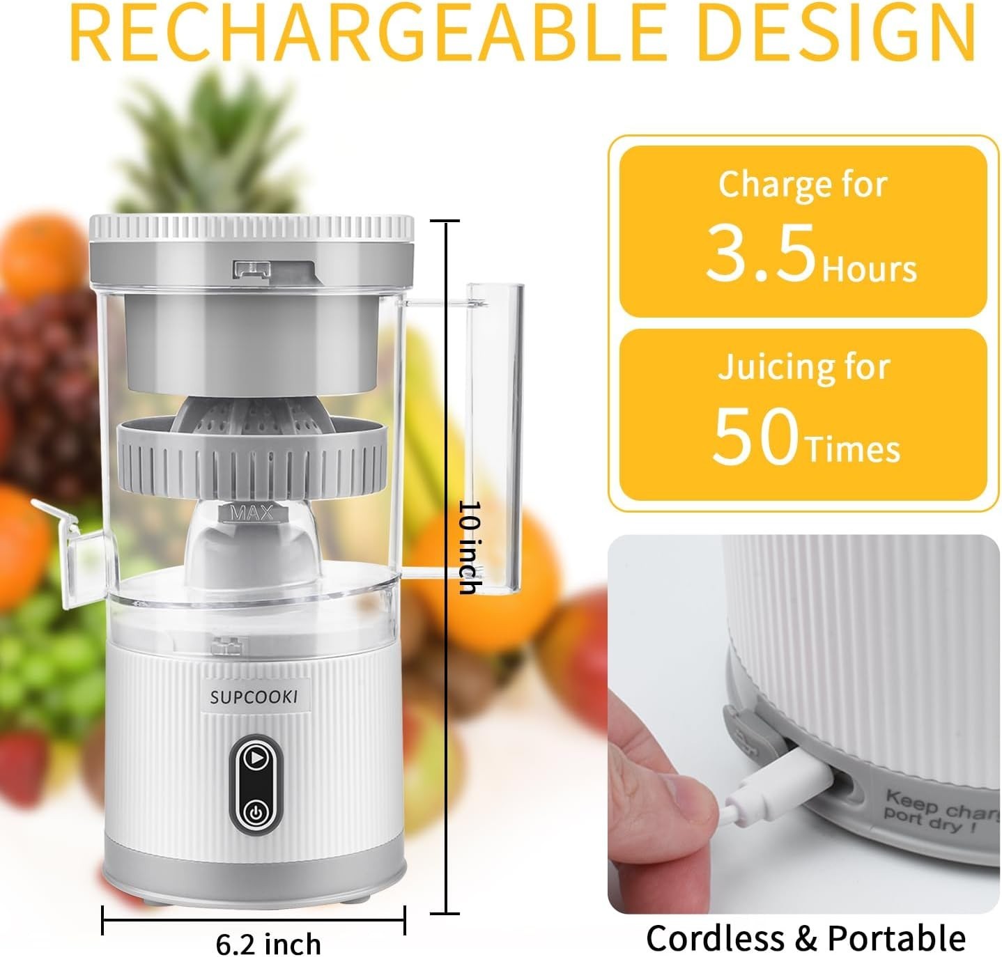 Rechargeable Electric Citrus Juicer USB Portable Touch Button Auto Press