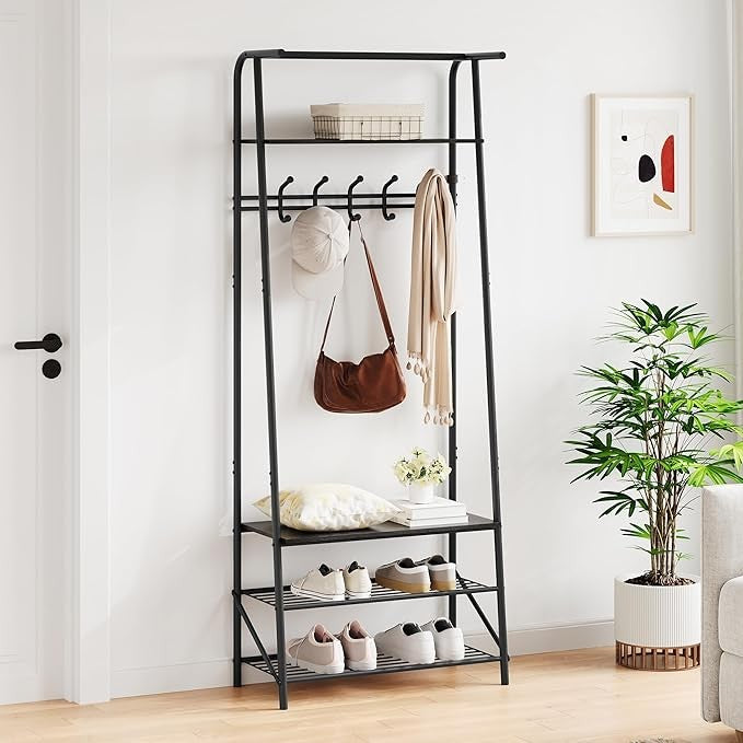 Black 4-in-1 Coat Rack with Shoe Storage & 5 Hooks Metal Hall Tree Stand