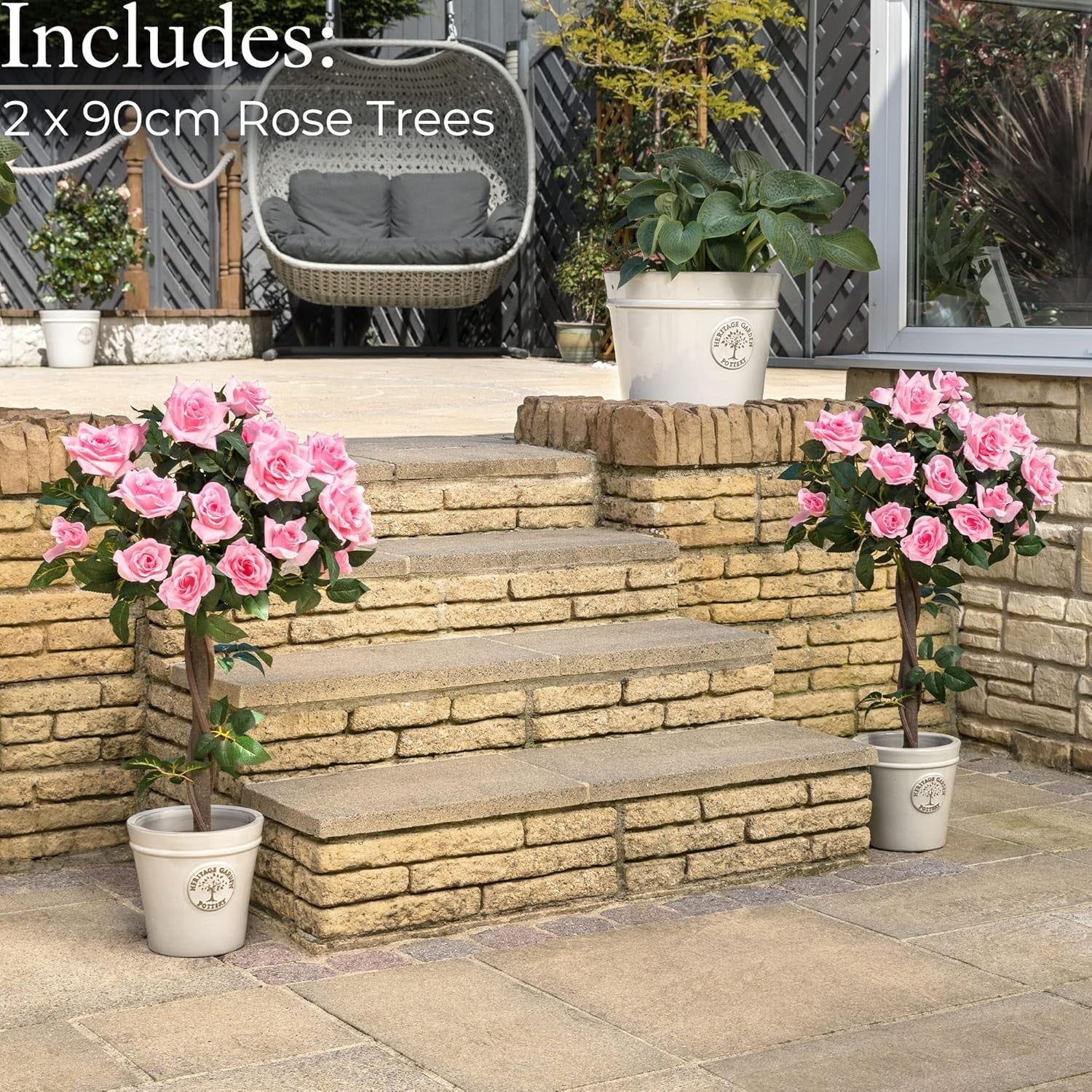 3ft Artificial Pink Rose Trees 2-Pack Twisted Trunk Potted Indoor Outdoor Decor