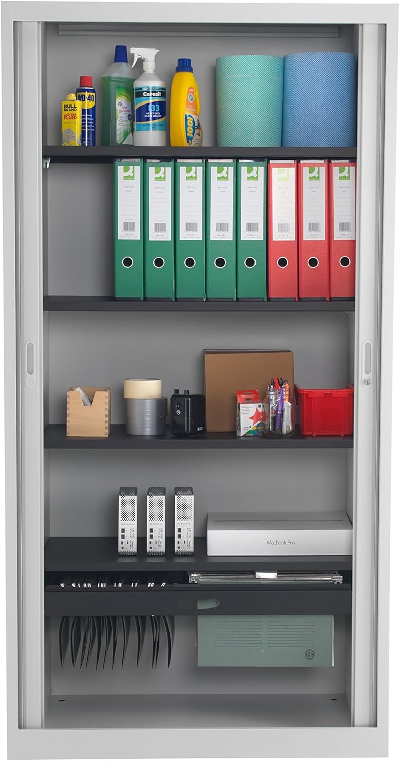 Tall Grey Metal Lockable Storage Cabinet Office Cupboard Adjustable Shelves