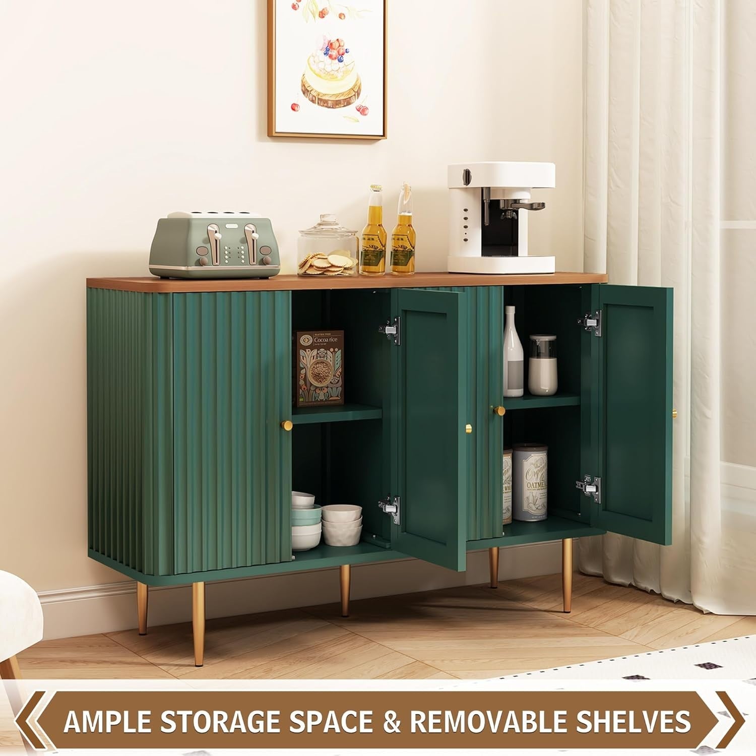 Modern 4-Door Sideboard Buffet Cabinet with Removable Shelves & Gold Legs