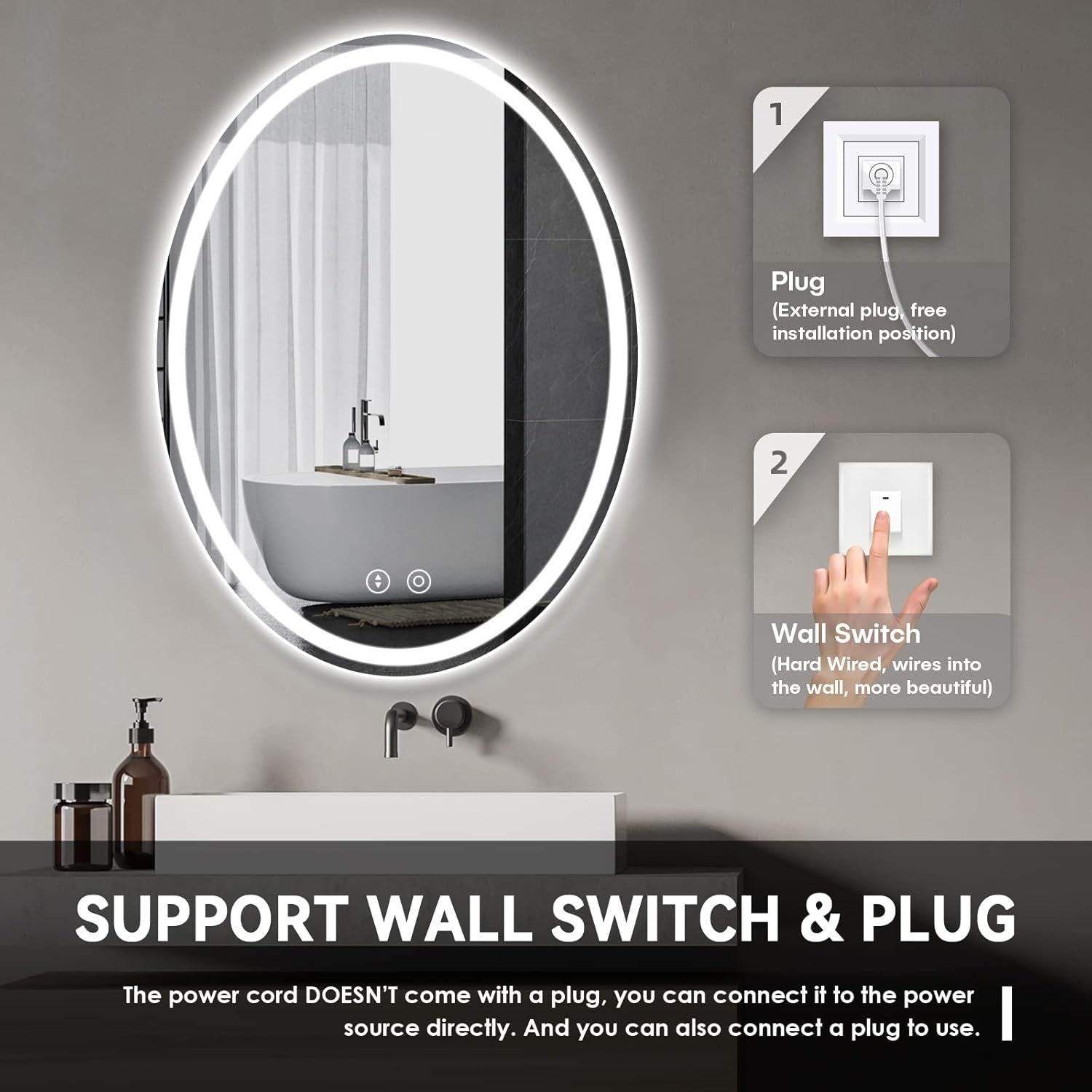 Oval LED Bathroom Mirror 80x60 cm, Anti-Fog, Dimmable 3-Color Light