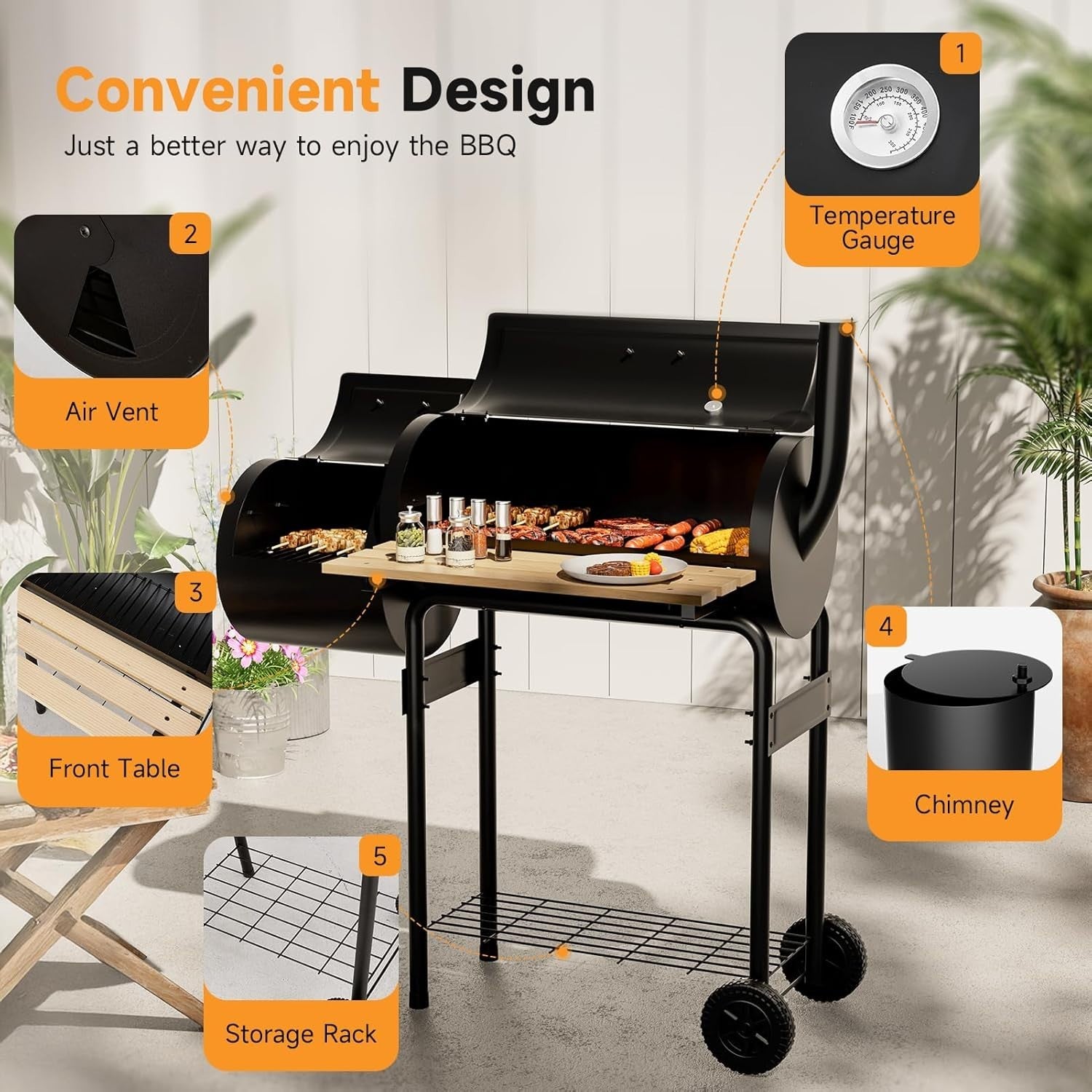 Barrel Charcoal BBQ Grill with Offset Smoker & Thermometer – 2-in-1 Outdoor