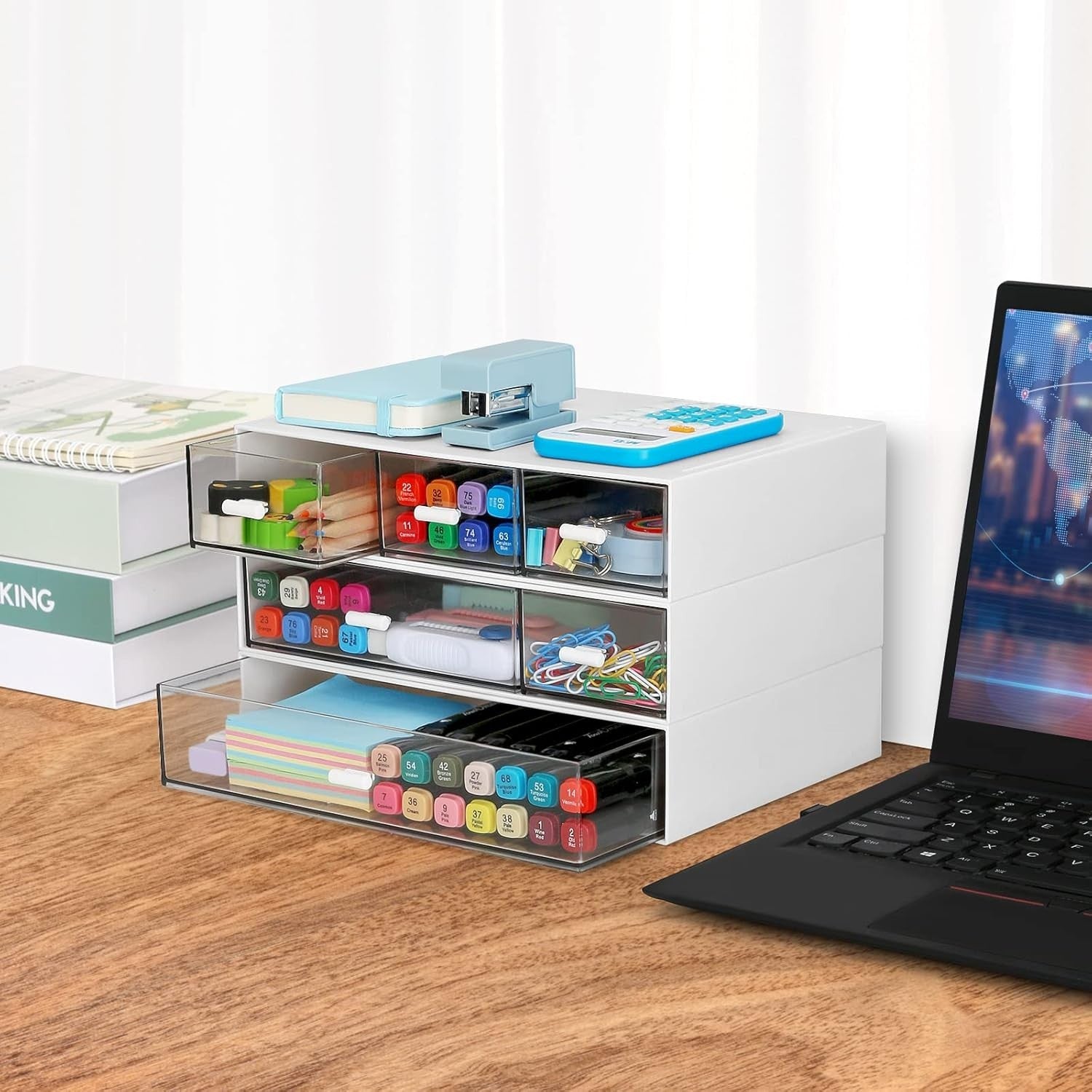 Desk Organizer 6 Stackable Drawers Clear Desktop Storage for Office & Makeup