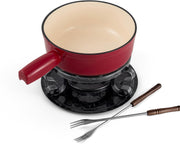 Cast Iron Fondue Set 9 Piece Cheese Chocolate Pot Red 2L Oven Safe