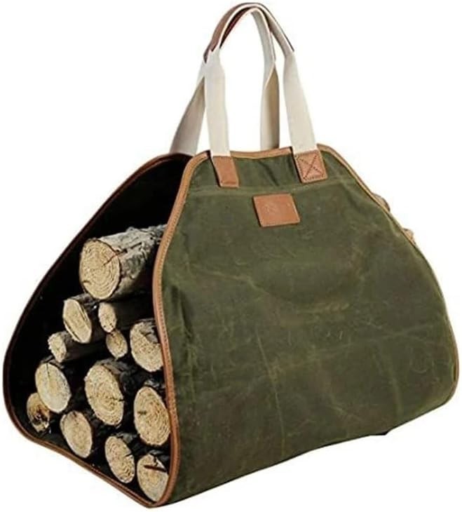 Durable Canvas Firewood Carrier Bag with Leather Handles – Portable Wood Tote