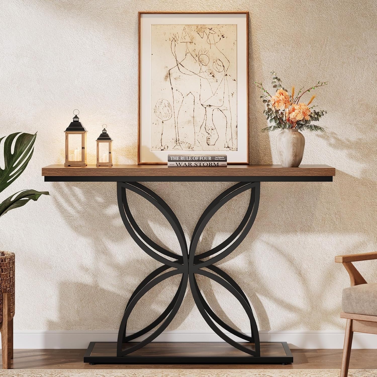47" Industrial Console Table with Unique Butterfly Metal Base, Rustic